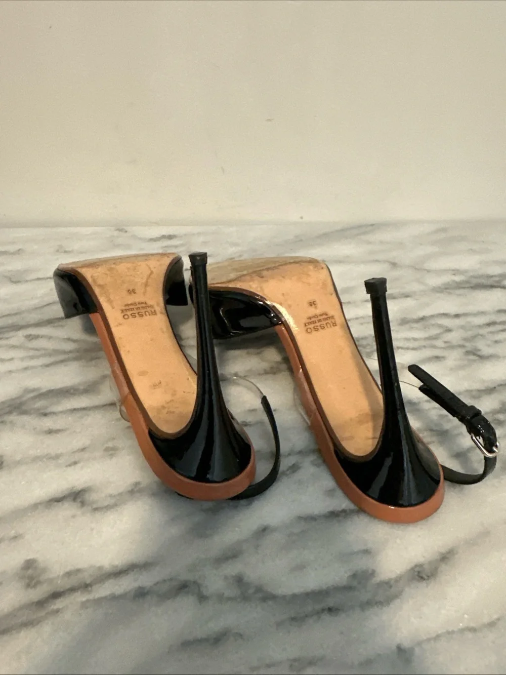 Francesco Russo Black Patent Pointed-Toe Slingback Heels Sz 38 Italy